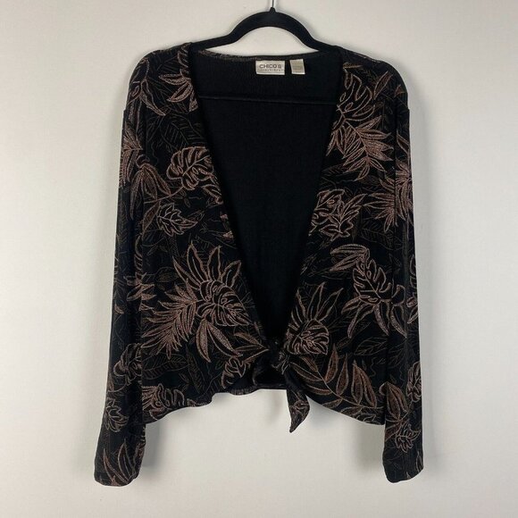 Chicos Travelers Cardigan Slinky Knit Womens 1 US M Tie Front Crop Tropical - Picture 1 of 8